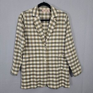 Willow & Root Womens Green Plaid Longlined Linen Blend Blazer Size XS Oversized